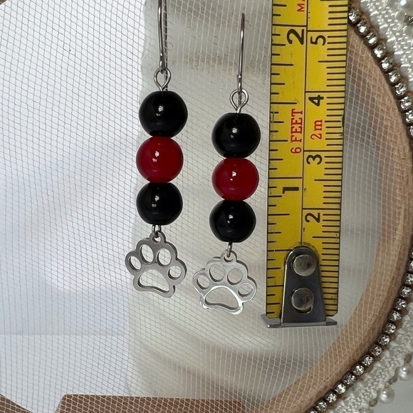 RED & Black Beaded Dangle Earrings with Paw Charms - Picture 7 of 13